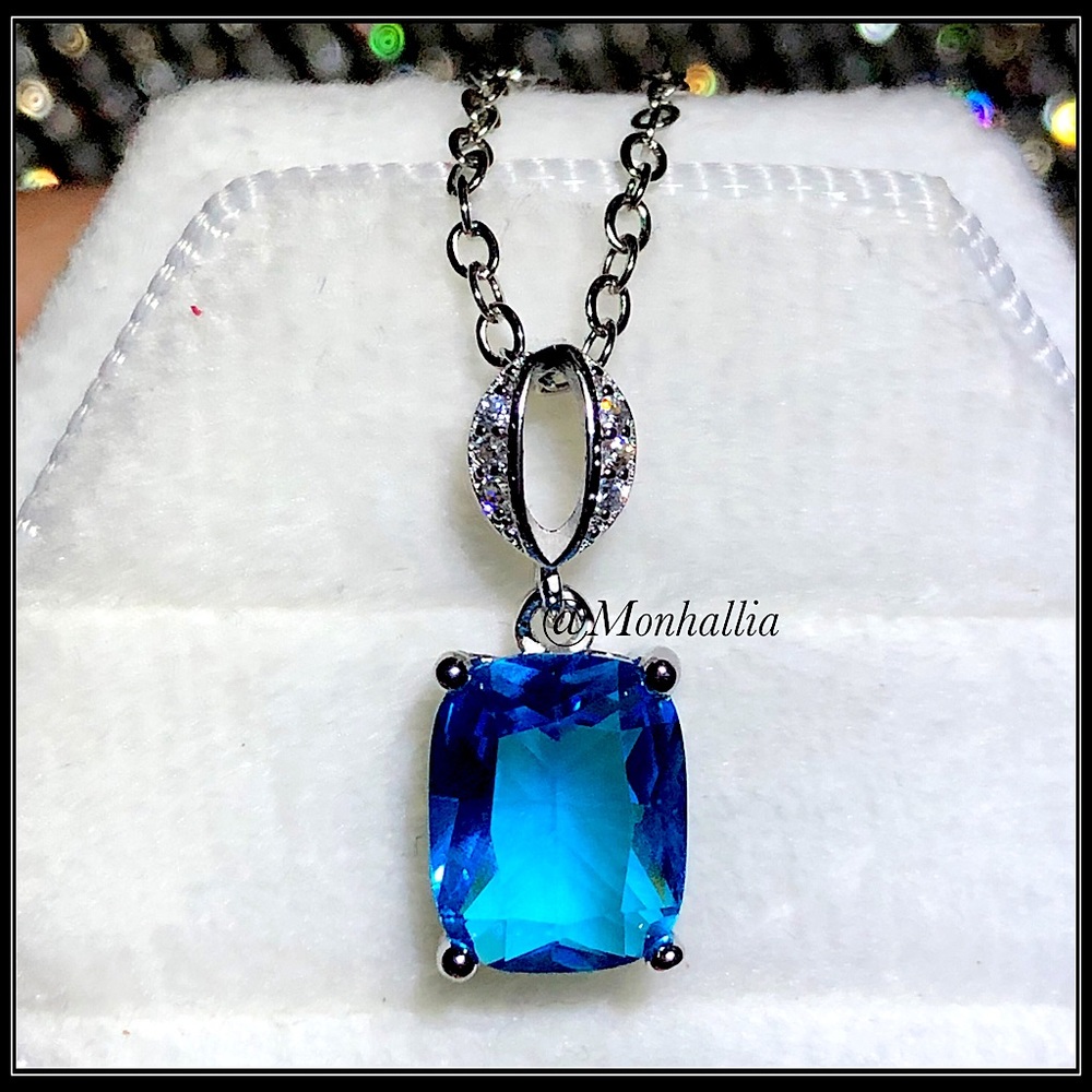 Clearance! New emerald cut blue topaz sim diamond pave necklace